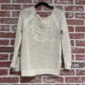 Maje Women’s Ivory Open Knit Crochet Pullover Cotton Sweater Size S